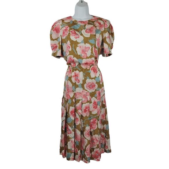 Vintage 70's Drop Waist Pleated Satiny Floral Dress Size Small - Picture 2 of 10